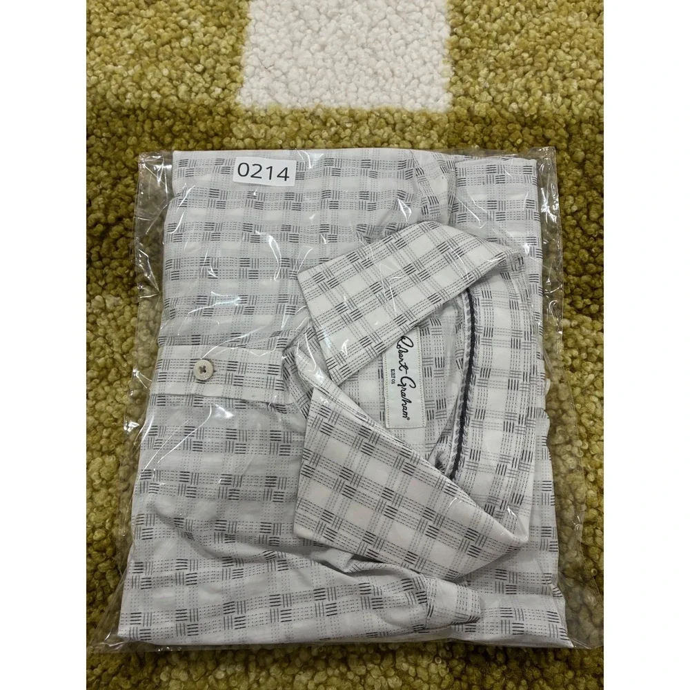 Robert Graham Mens White Navy Geometric Grid Button Down‎ Shirt Size 46 18 XL